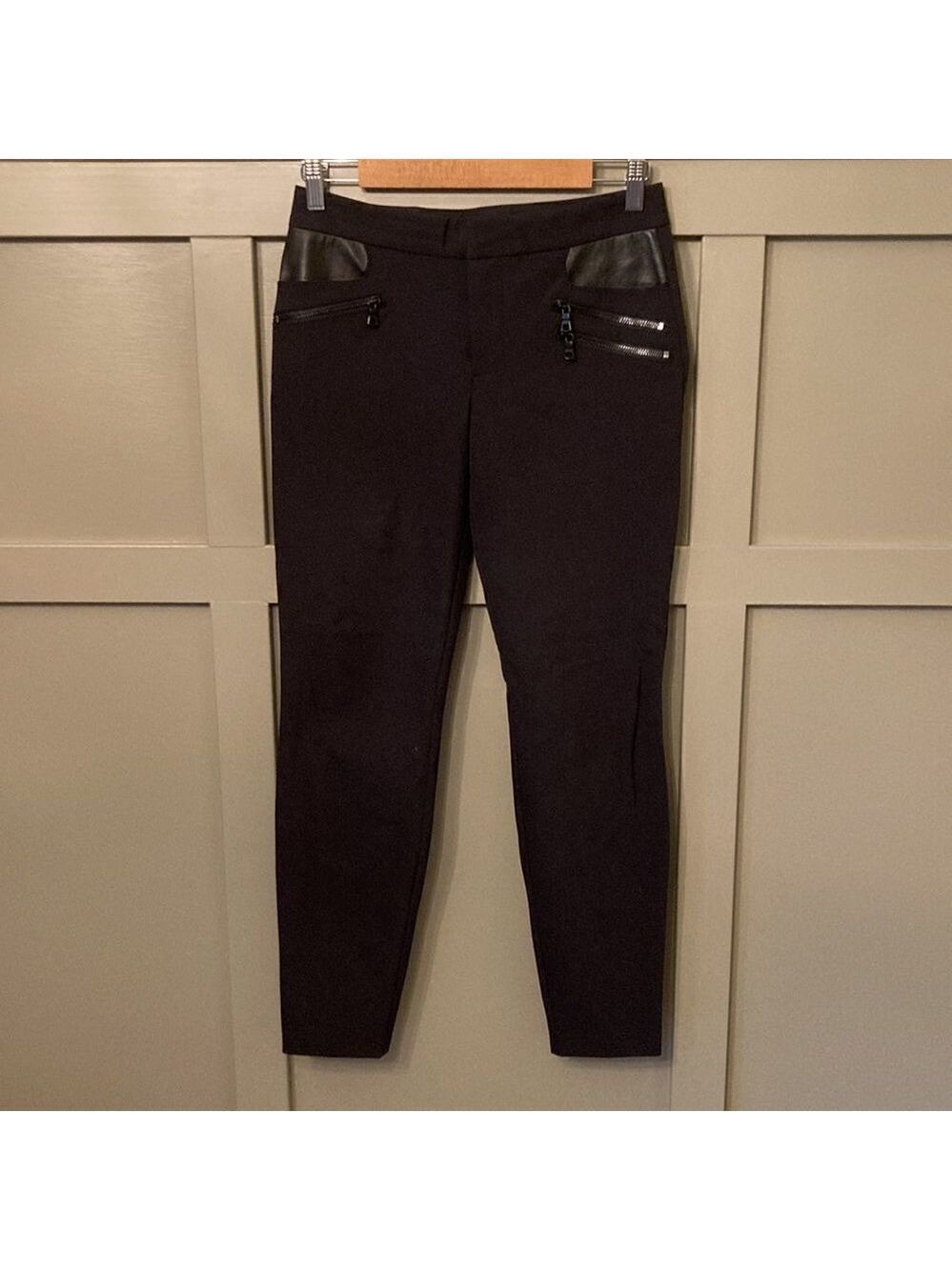 REBECCA Taylor Lamb Leather Trimmed Trouser Pants Black Zipper Details Size 2